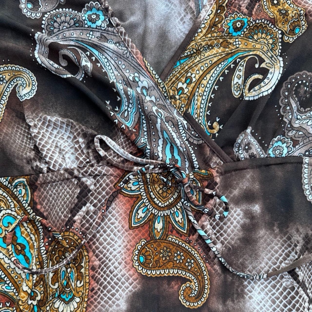 Vintage MKM Designs Women’s V-Neck Paisley Top – Teal and Brown size 14