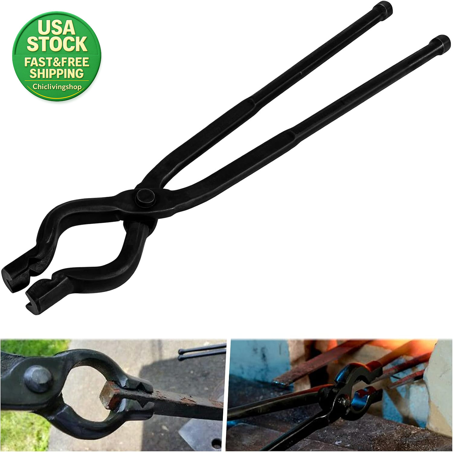 17 Inch V-Bit Blacksmith Tongs Wolf Jaw Steel Grip Knife Making Forge Tools