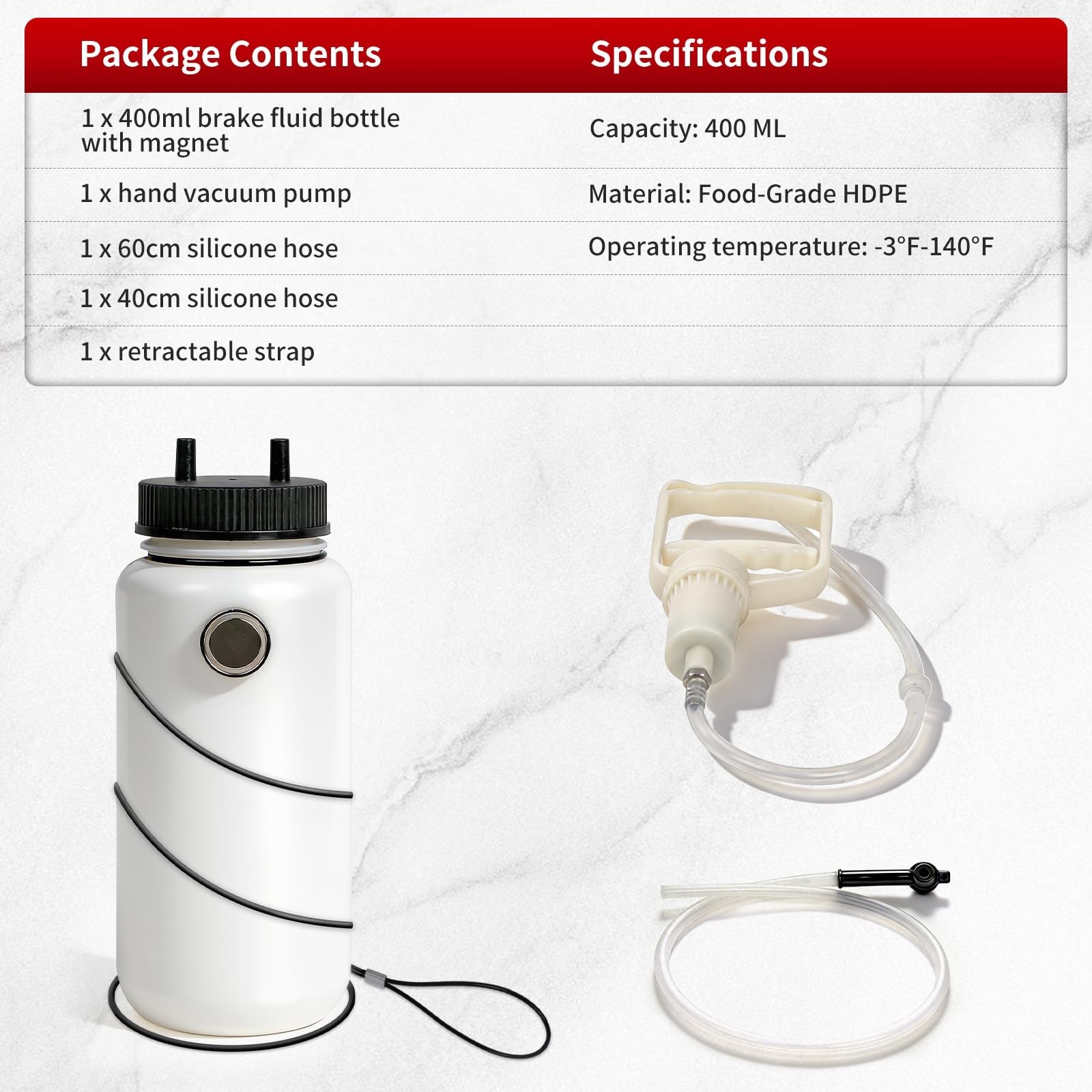 Motorcycle Brake Bleeder Kit – 400ML Bottle, One Way Valve, 23.6″ Hose for Repai