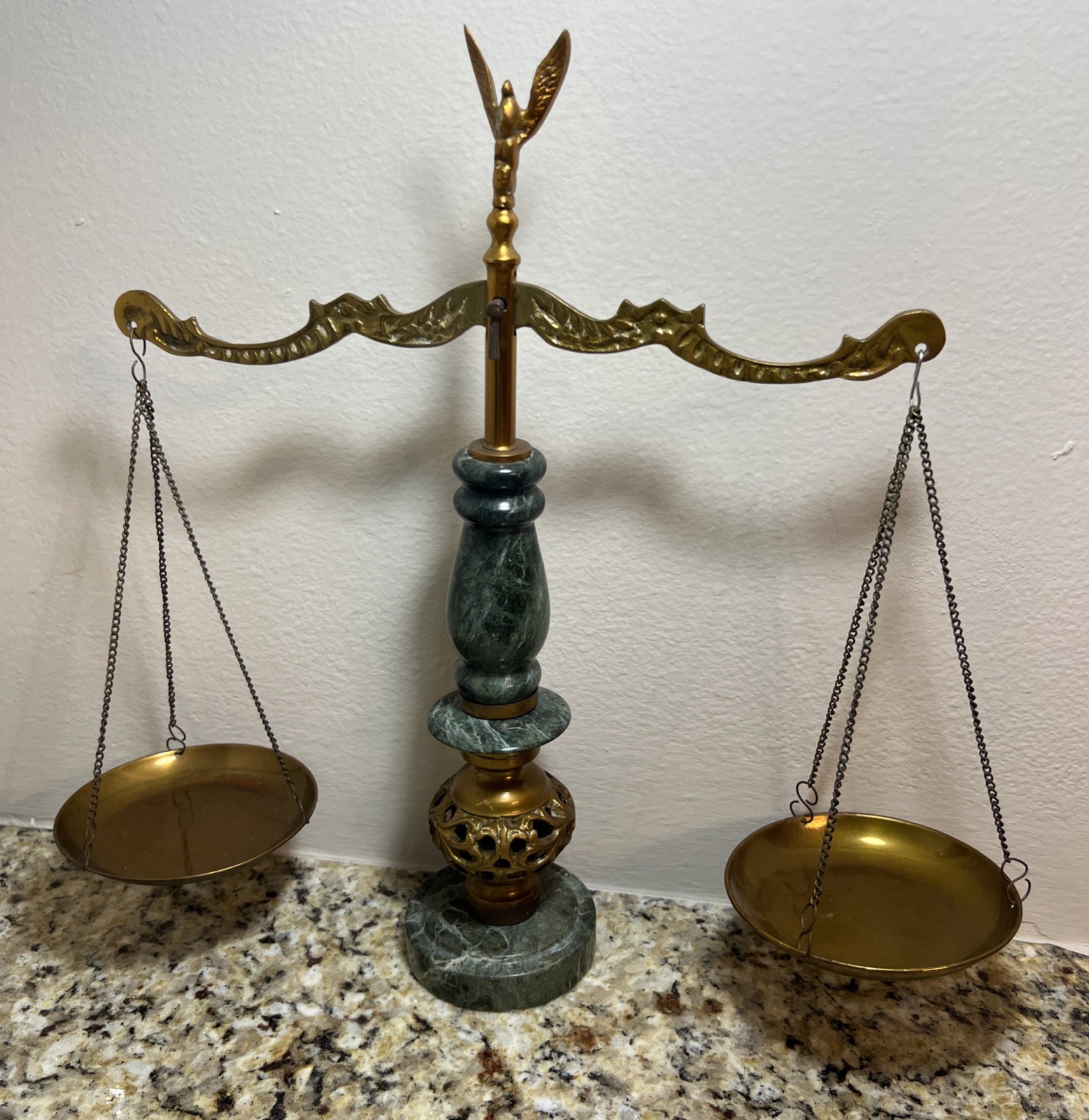 VINTAGE BALANCE SCALE, EAGLE TOPPER Green Marble and Bronze Import Japan ~15”