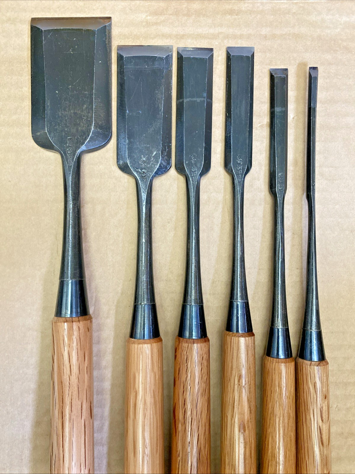 6pc Vintage Japanese Chisel Set 6, 12, 19, 22, 35, 52mm Hand Forged 15″ Long