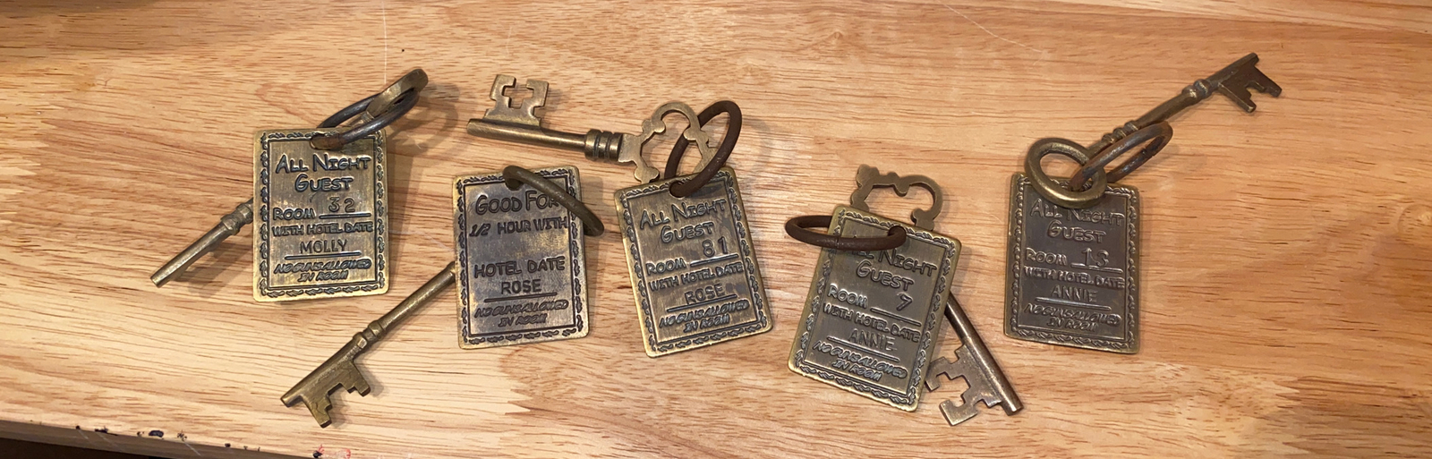 Hotel Motel Room Key Tag Skeleton Brothel Brass Patina Collector SET x5 Western