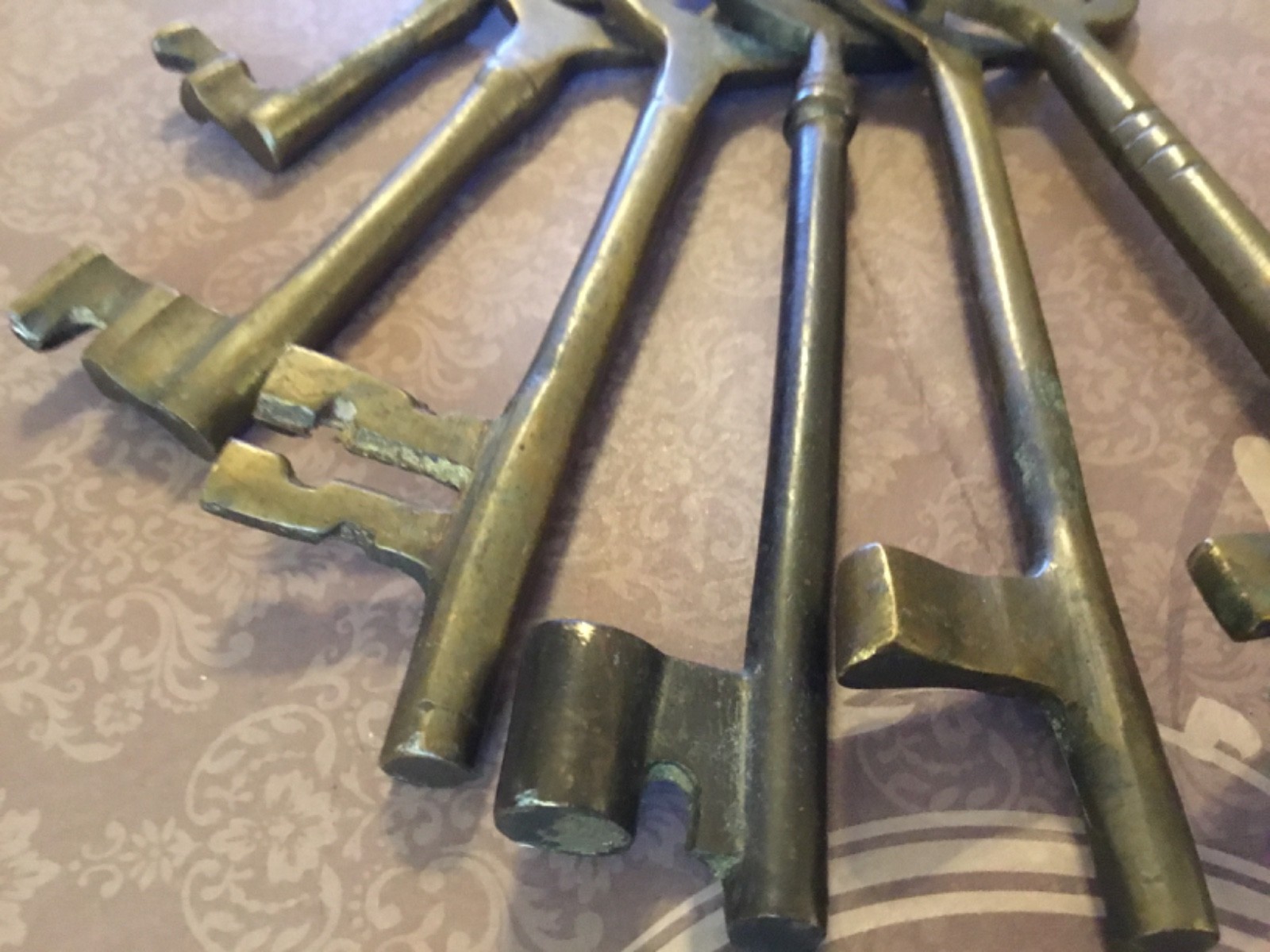 Brass Key Ring & 6 Brass Skeleton Keys Jailer