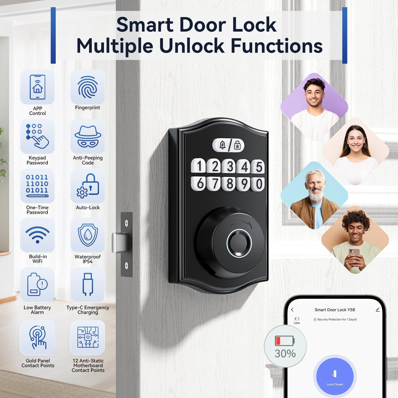 Ulecoce Y58 Deadbolt Smart Lock with Built-in WiFi, 5-in-1 Keyless Black
