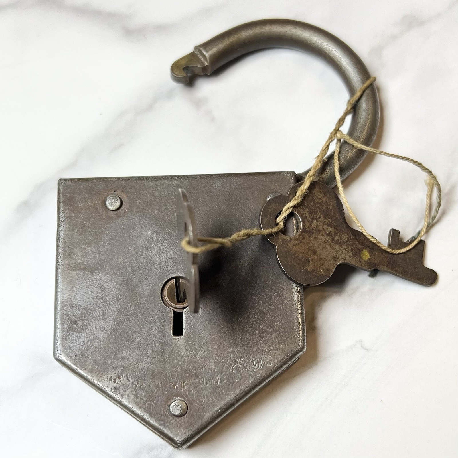 Vintage Antique Old Pentagon Shaped Padlock With Keys Chest Jailer Rustic