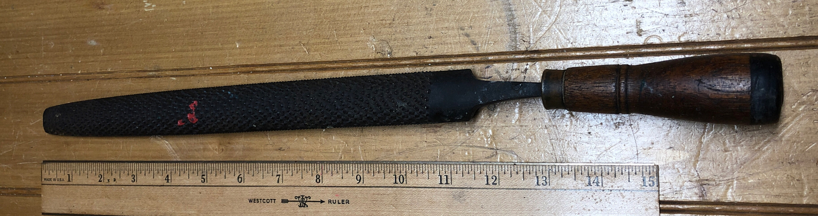 Early Large Wood File Chestnut Leather Brass Handle Old Carpentry Tool