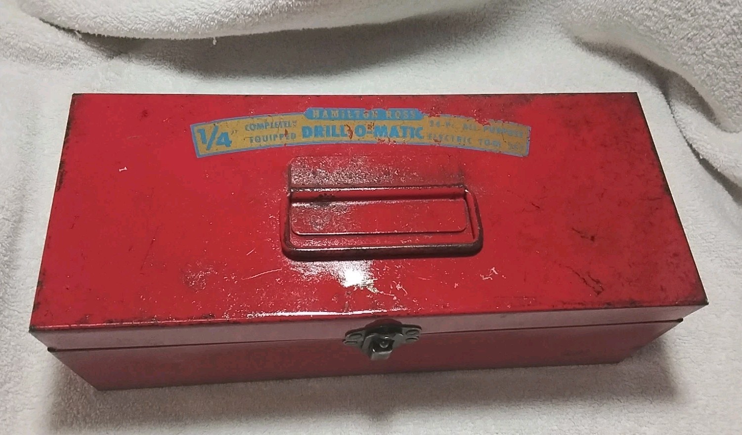 HAMILTON ROSS DRILL-O-MATIC 12″×4″×5-1/2″ EMPTY RED VINTAGE METAL BOX WITH LATCH