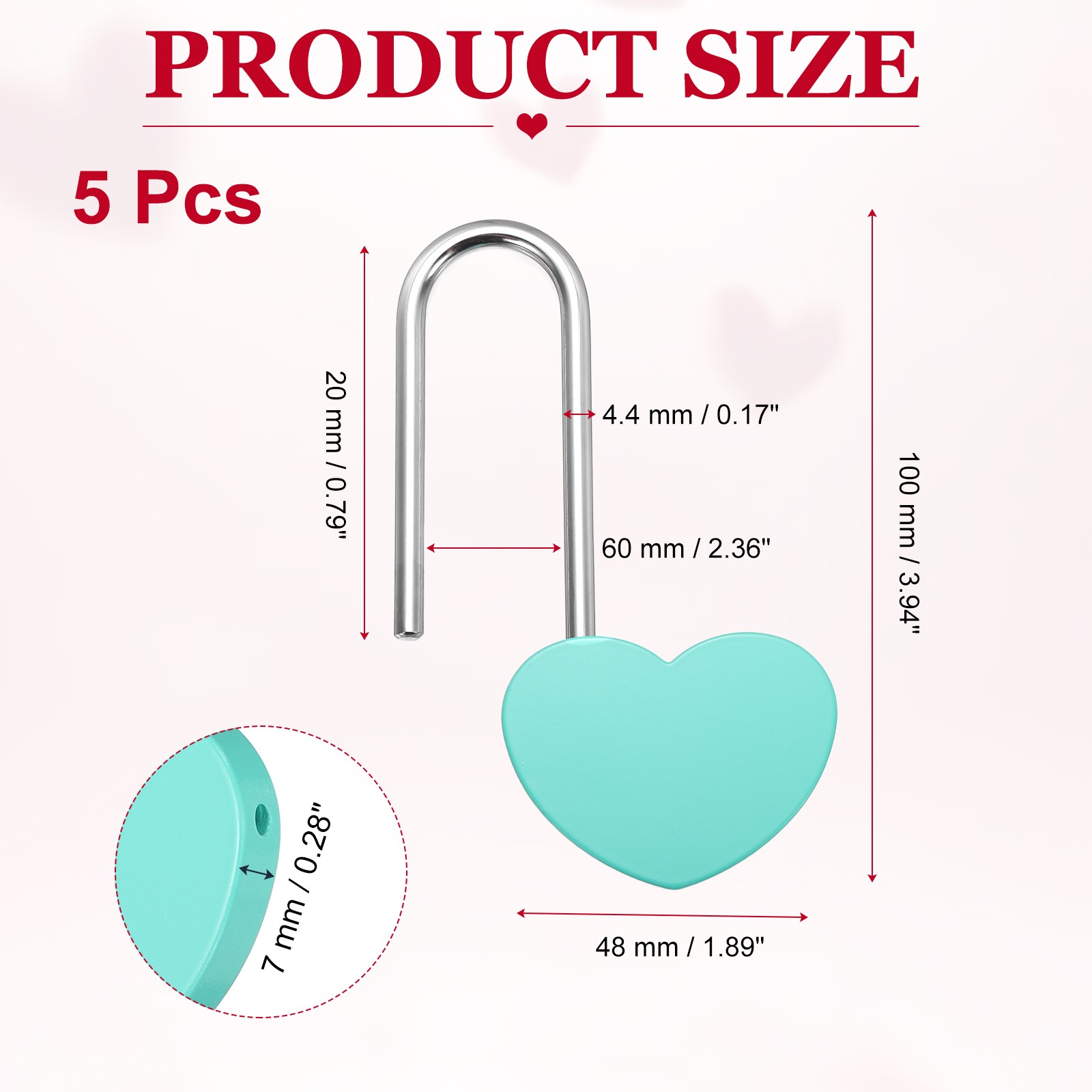5Pcs 4″ (100mm) Love Heart Lock Alloy Steel Keyless, Light Blue