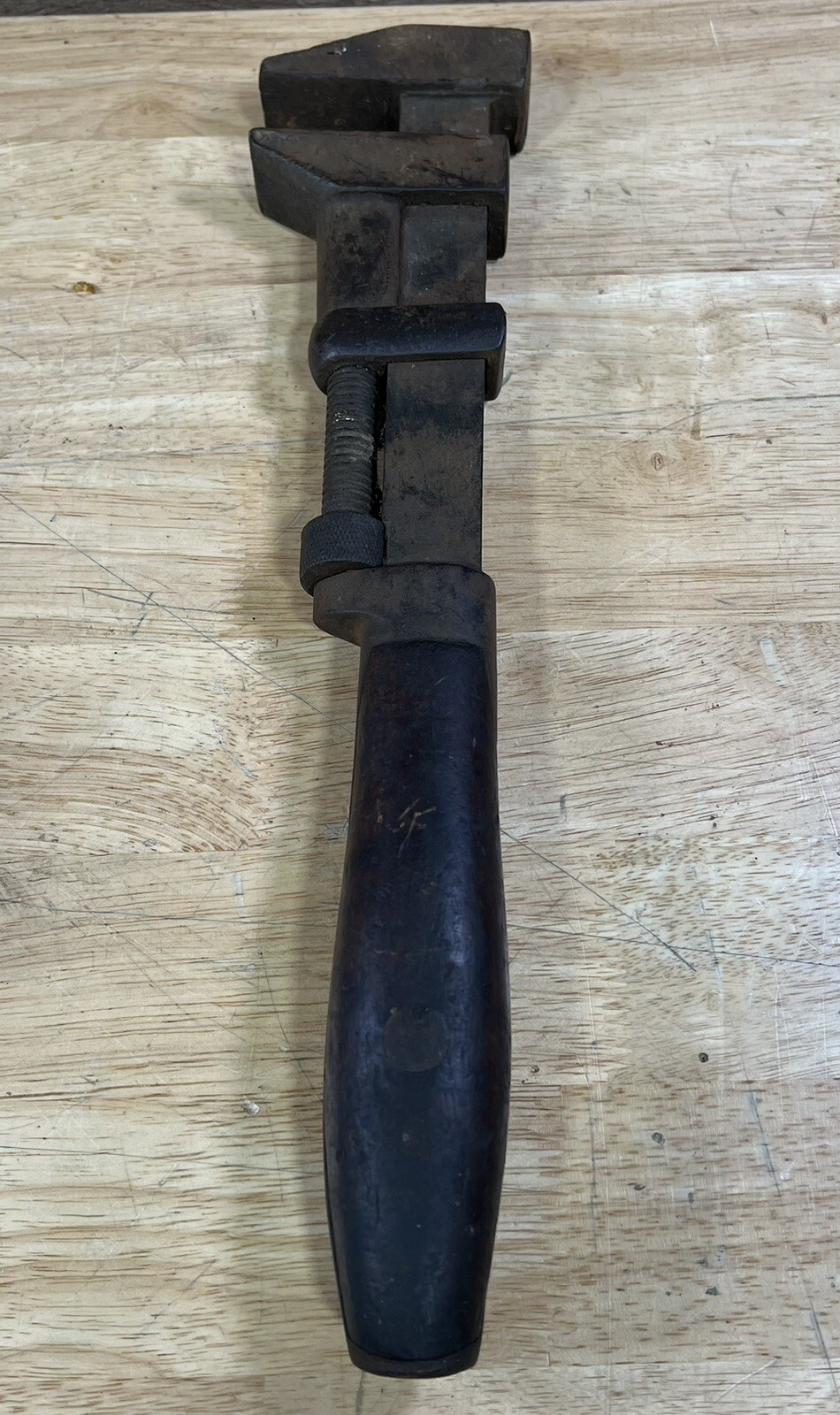 Antique Adjustable 15” Heavy Duty Monkey Wrench Wood Handle Solid Metal