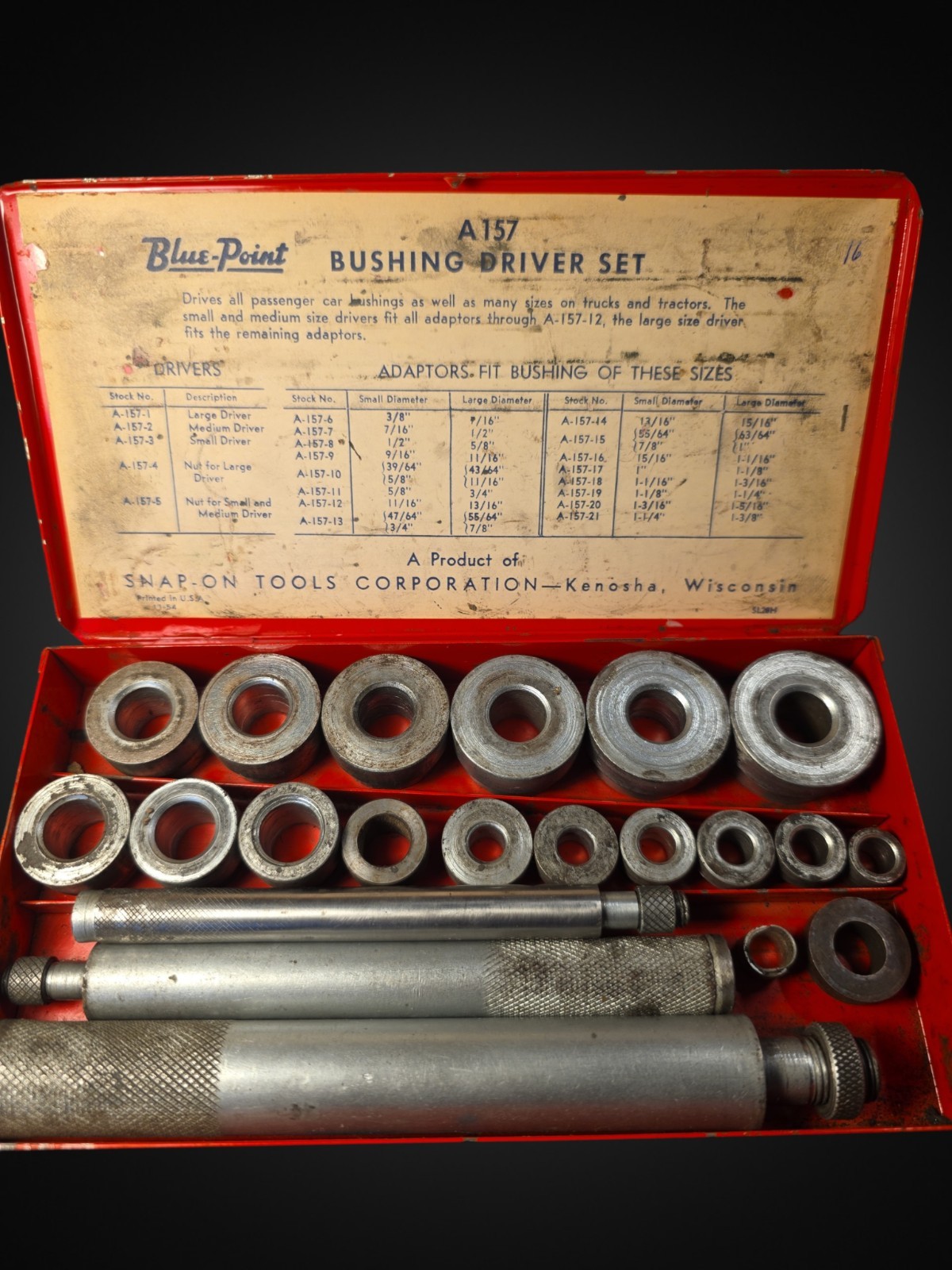 Vintage Blue Point A157 Bushing Driver Set Snap-on USA Early Pre A157A Tool Kit
