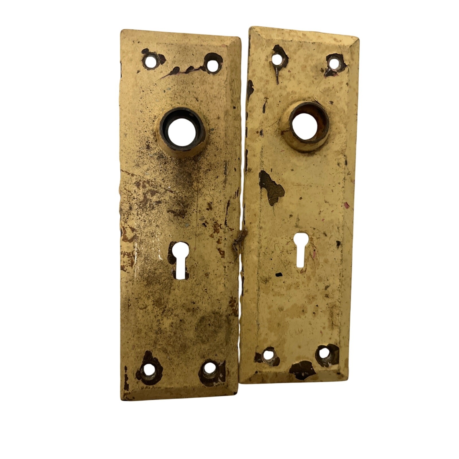 Vintage Cream Metal Door Knob Back Plates Skeleton Key Antique 2-1/4”x7”