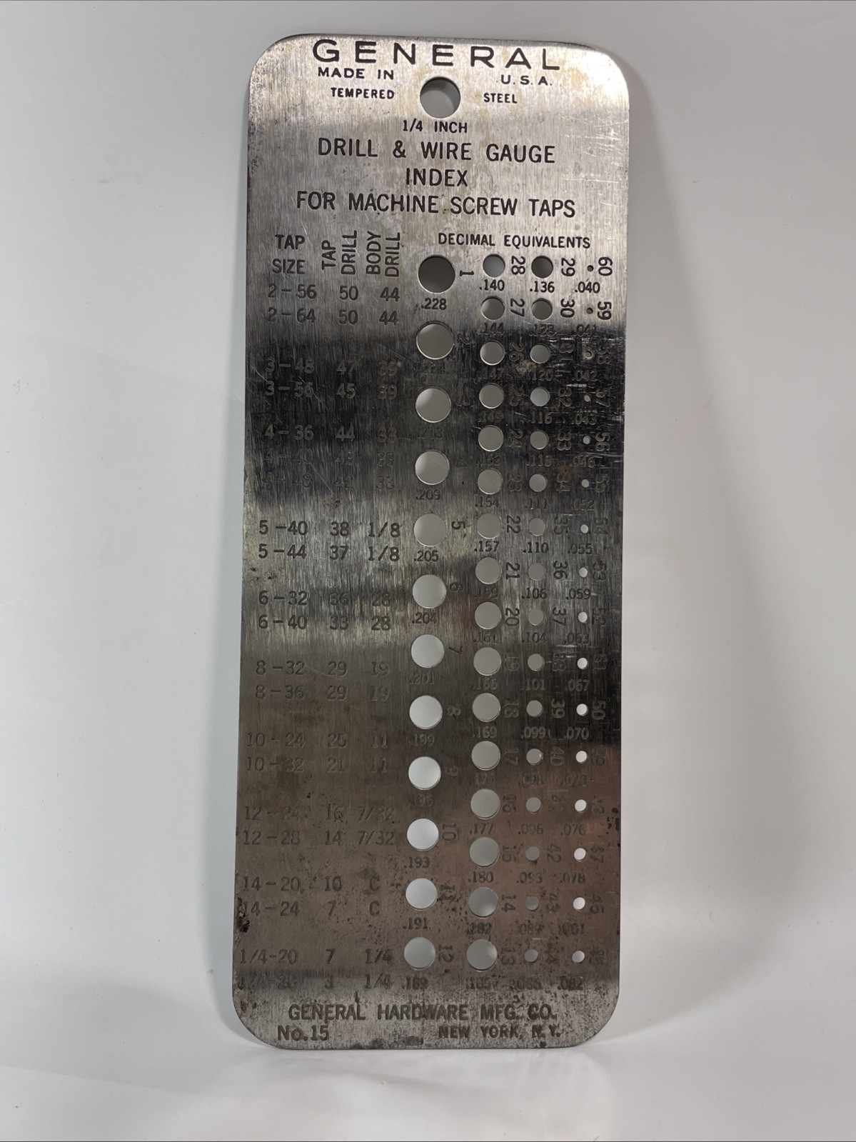 Vintage General Hardware Mfg No. 15 Machinist Drill And Wire Gauge Index￼