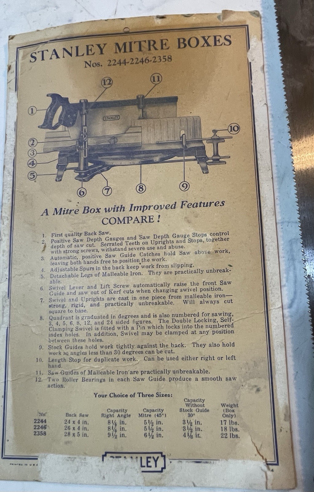 Antique Stanley No. 2246 Mitre Box Frame, Stanley 26×4” Saw, Instruction Card