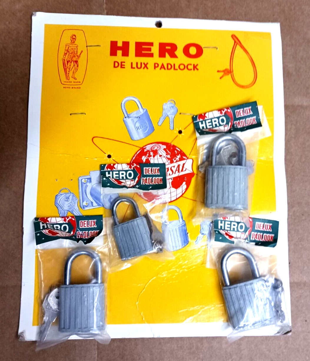4 Vintage HERO Padlock With Keys Made In Hong Kong Store Display New Old Stock
