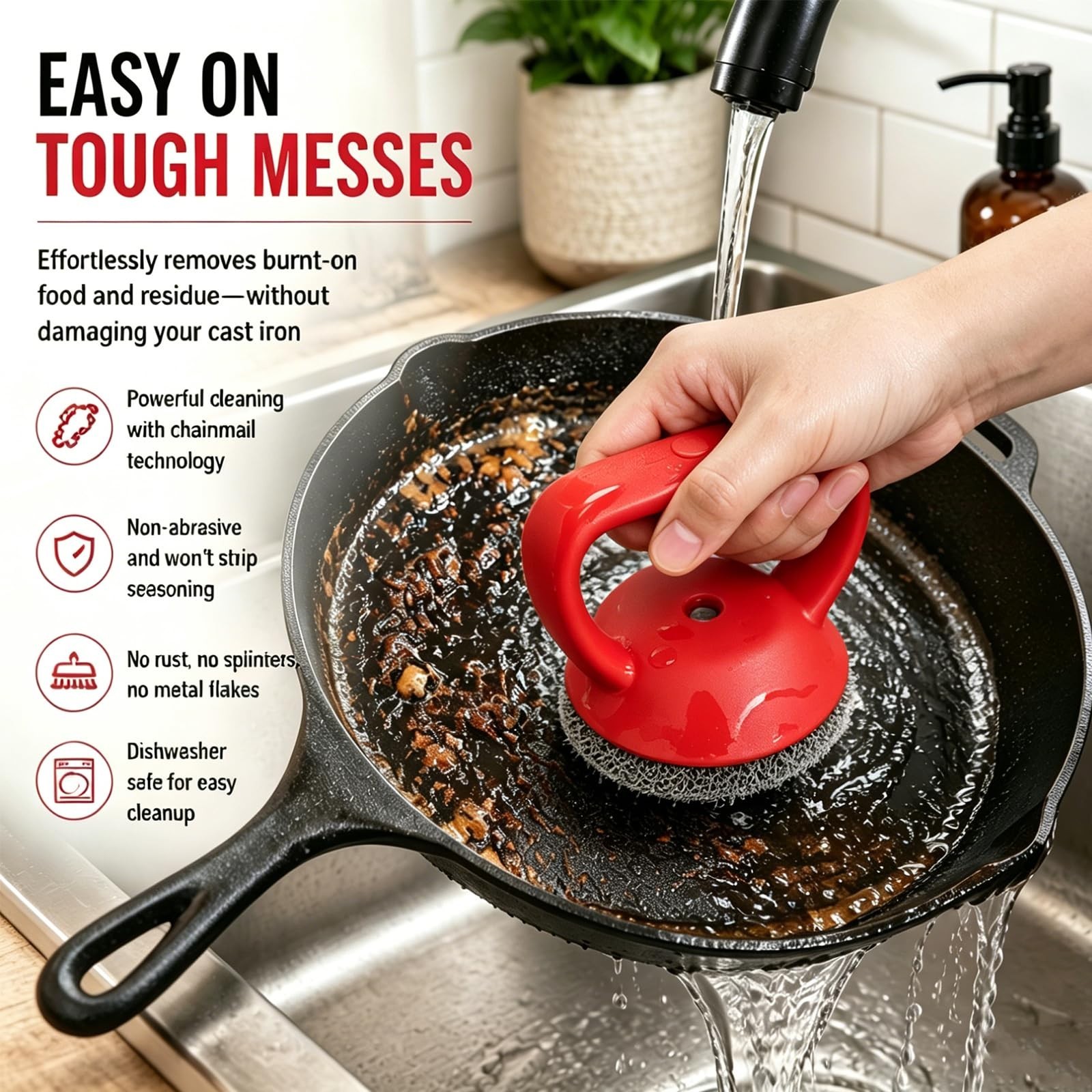 Heavy Duty Cast Iron Cleaner – Chainmail Scrubbing Brush & Pad for Grill, Skille