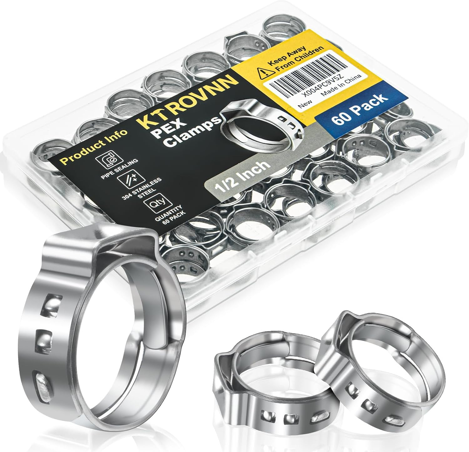 60 Pack 1/2 Inch PEX Cinch Clamps Rings, Heavy Duty 304 Stainless Steel Pex Cri