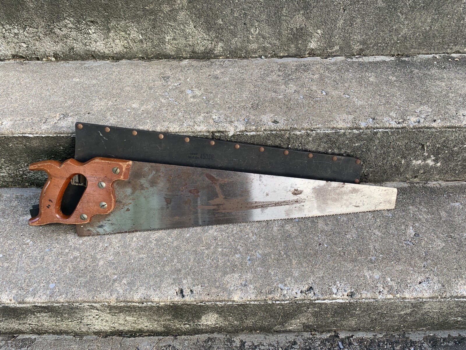 ATKINS 54 Silver Steel Straight Back Hand Saw Buhrke Sheath Scabbard Bell System