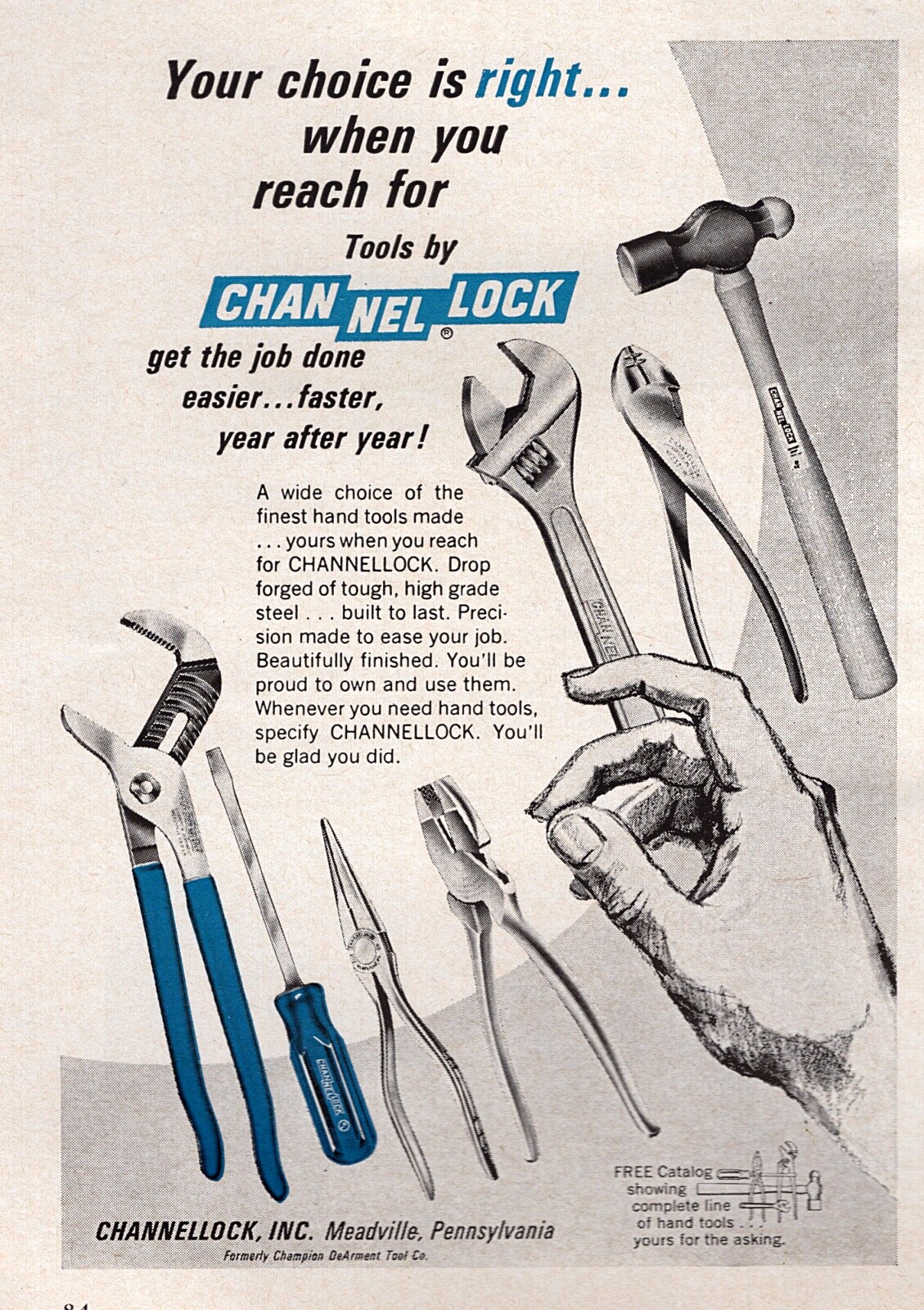 1965 ChannelLock Tools Wrench Pliers Screwdriver Hammer Original Print Ad