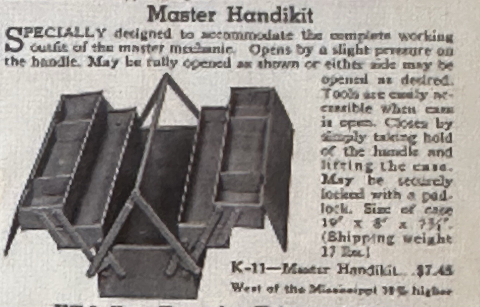 Snap-on, Master Handikit, Two-tier Cantilever Toolbox, #K-11, 1932-1948, Rare
