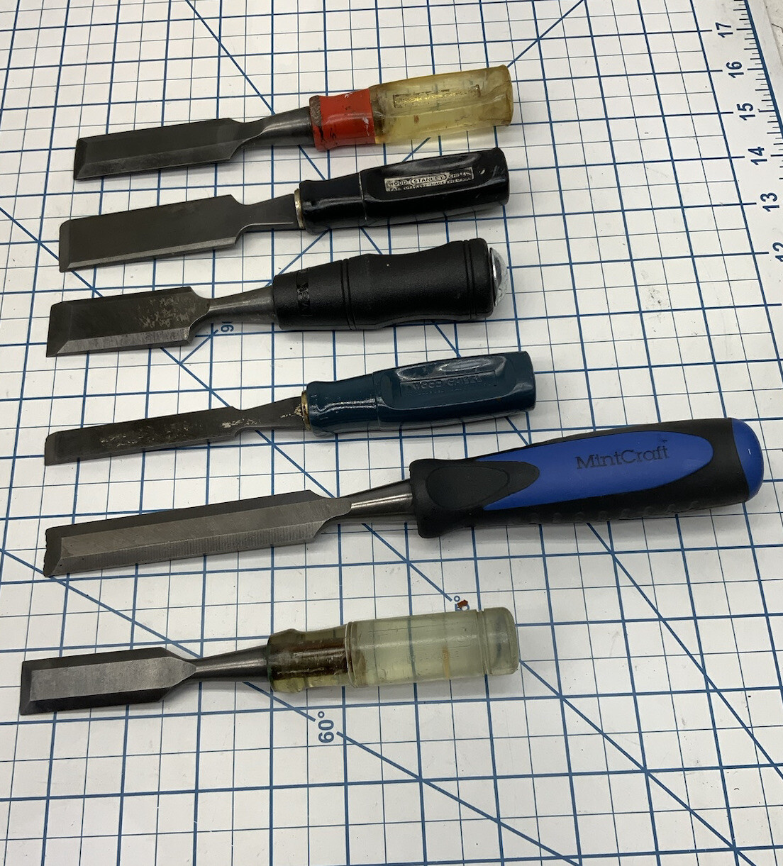 6pc Wood Chisel Lot – Stanley, Olympia, Fuller, All Used , 1/2, 3/4, 1in -Orange