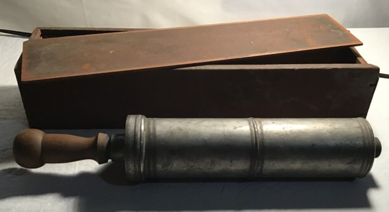 Antique 13” Aluminum Grease Gun With Wood Handle and Wooden Box. No spout Inc.