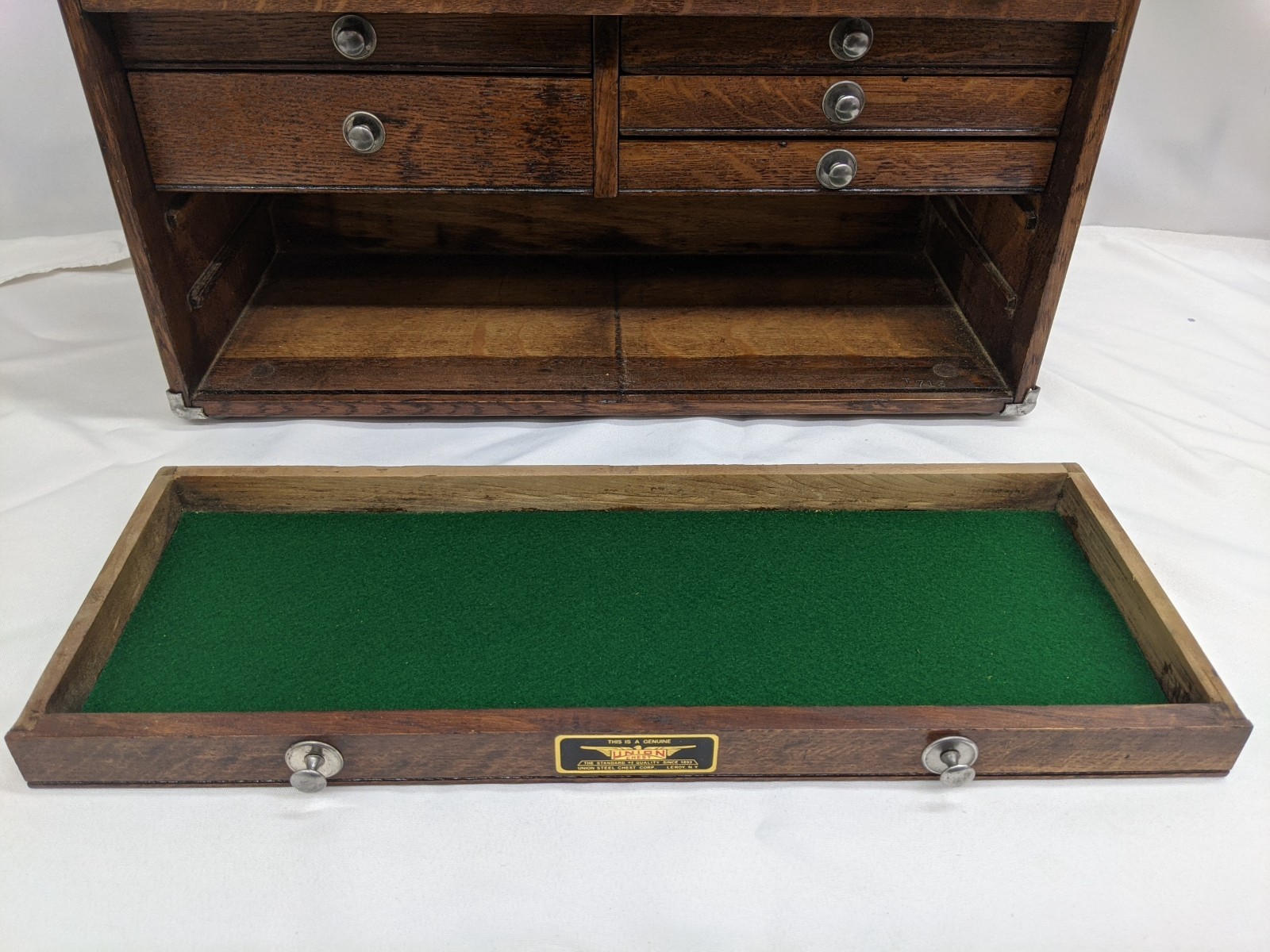 Antique Union Model B-20 7 Drawer Wooden Oak Toolbox Chest With Key