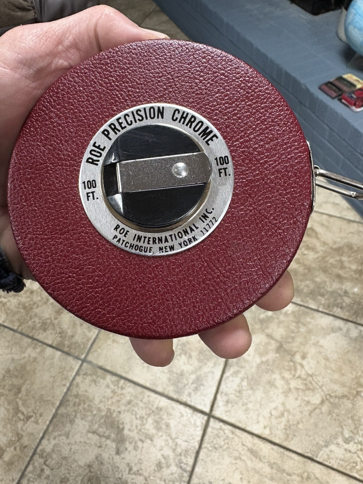 Roe Precision Chrome 100’ Tape Measure Patchogue, New York 11772, Burgundy Color