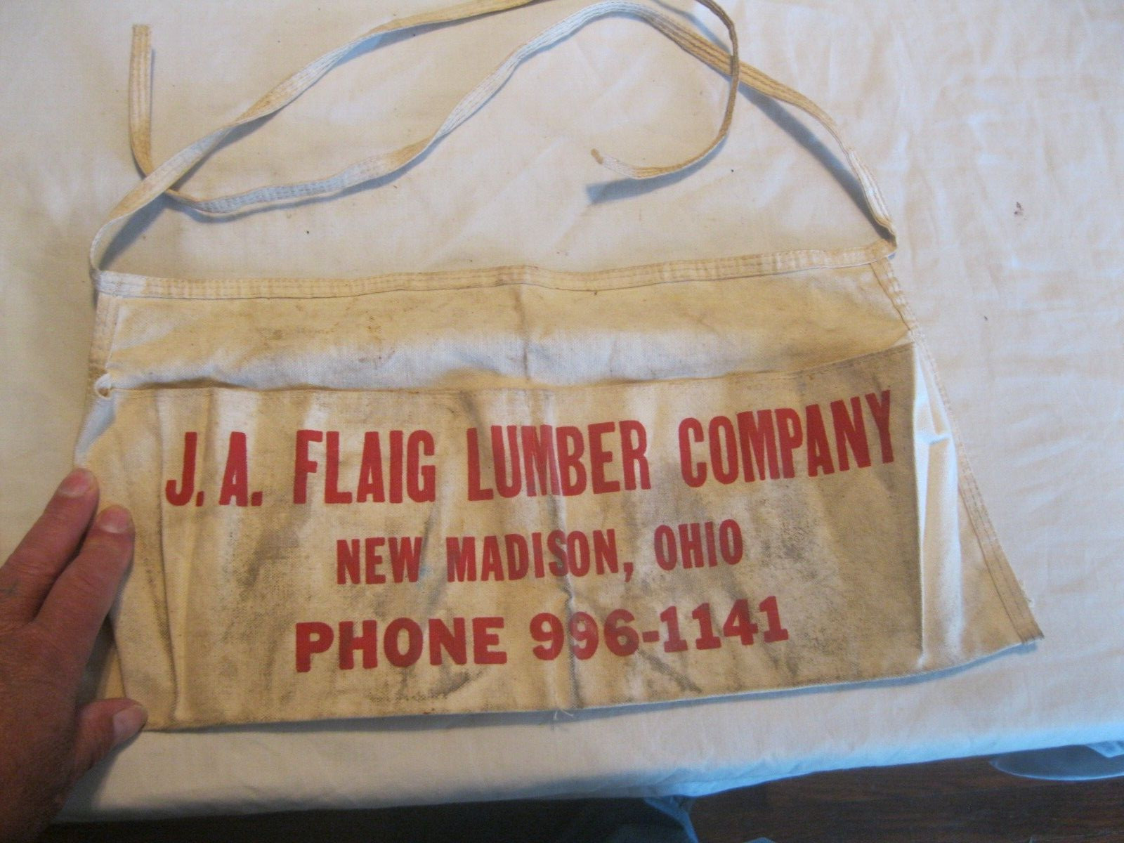 vintage cloth 2 pocket nail apron j.a.flaig lumber co. new madison, ohio