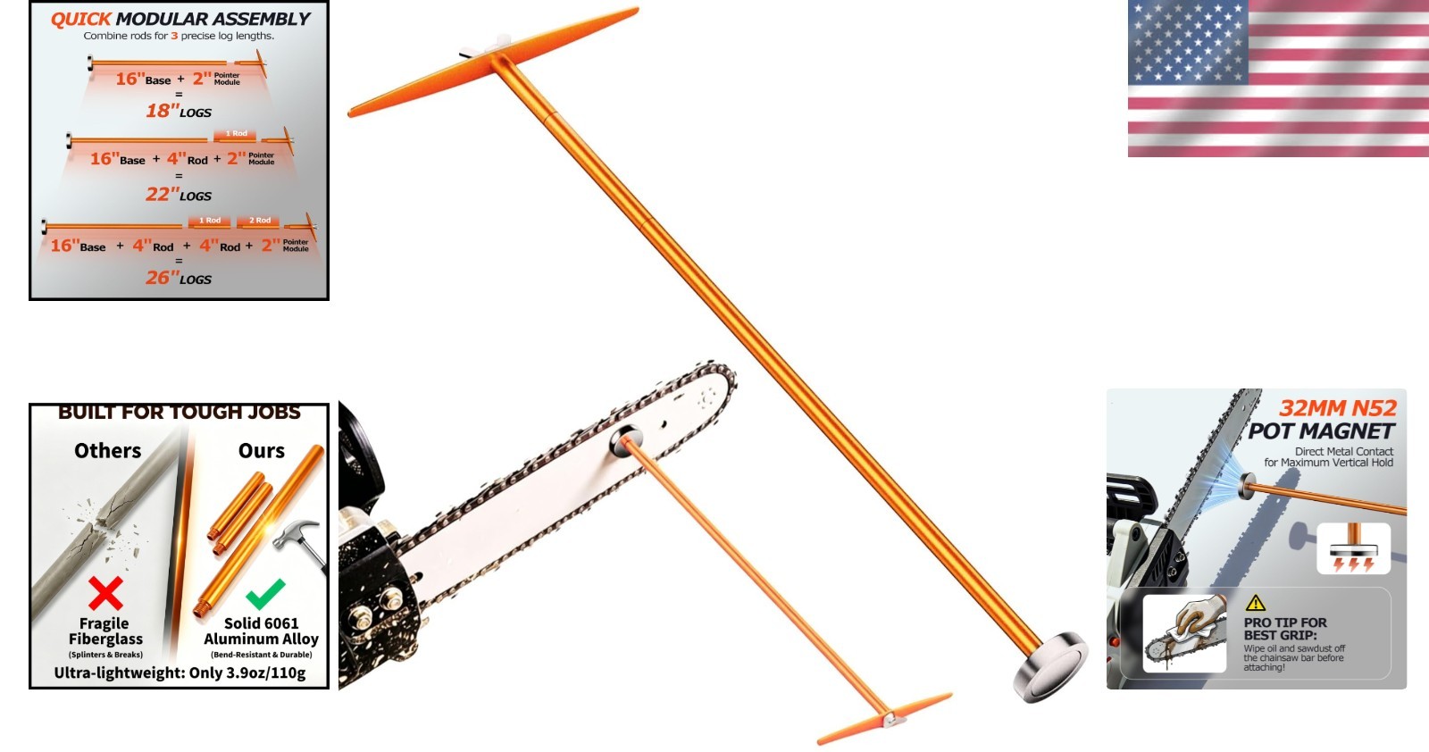 Adjustable Firewood Measuring Tool for Chainsaw: 18”, 22”, 26” Aluminum Gauge