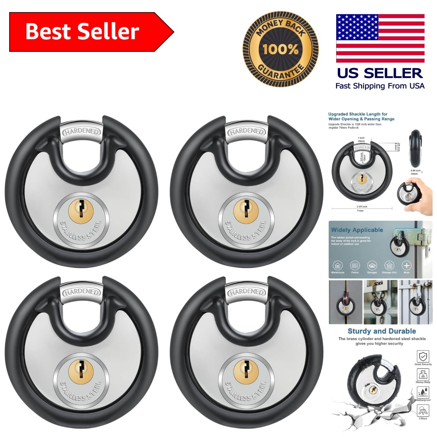 Heavy Duty Discus Padlock Set – 4 Pack with 8 Same Keys for Ultimate Security