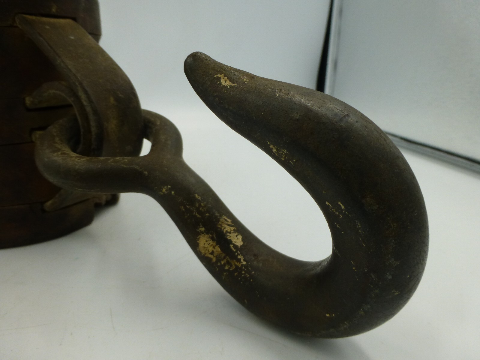 Boston & Lockport Block Co Large Double Pulley w/ Cast Hook, Tag in Place