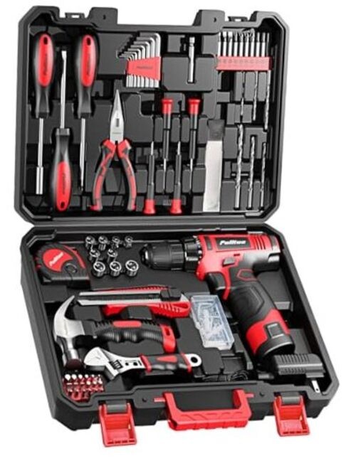 149-Piece Home Drill Set with 12V Red Cordless Drill, Hand Tools