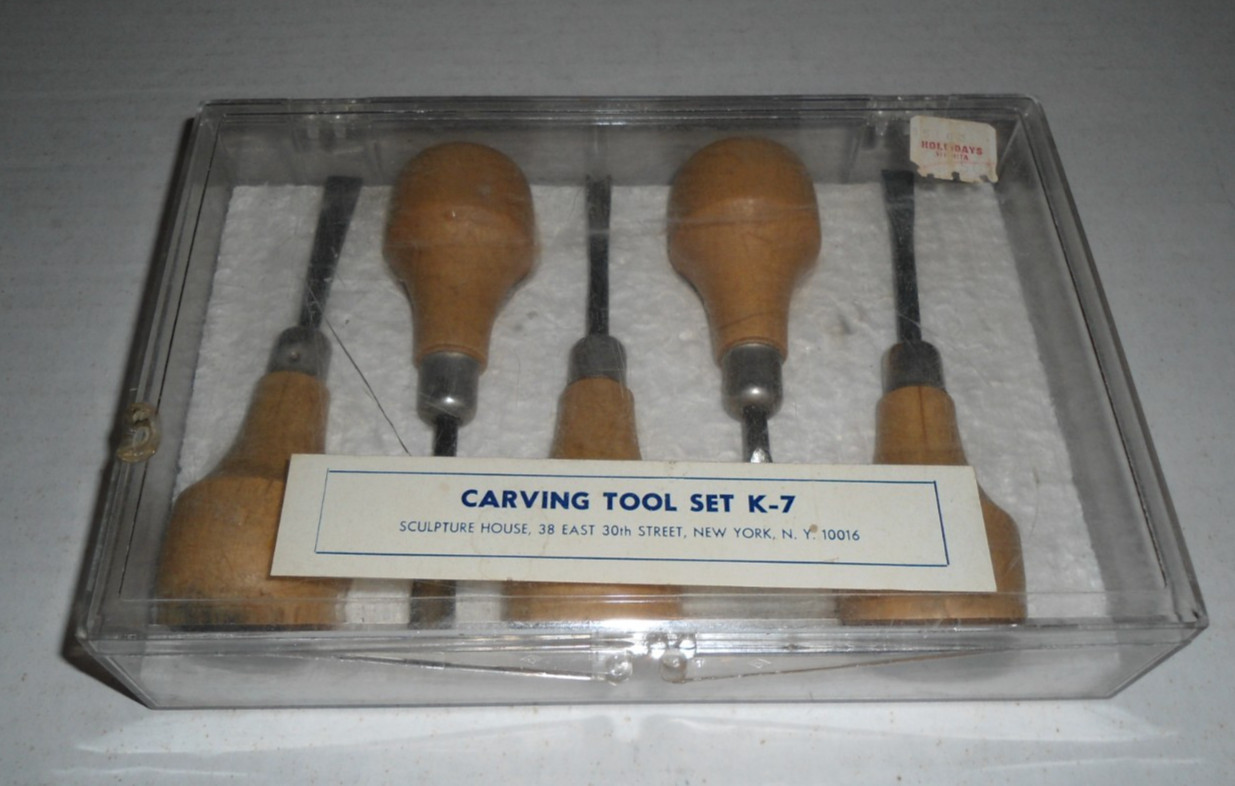 One USED Vtg. Sculpture House Wood & Linoleum Block 5 Pc. Carving Tool Set #K-7