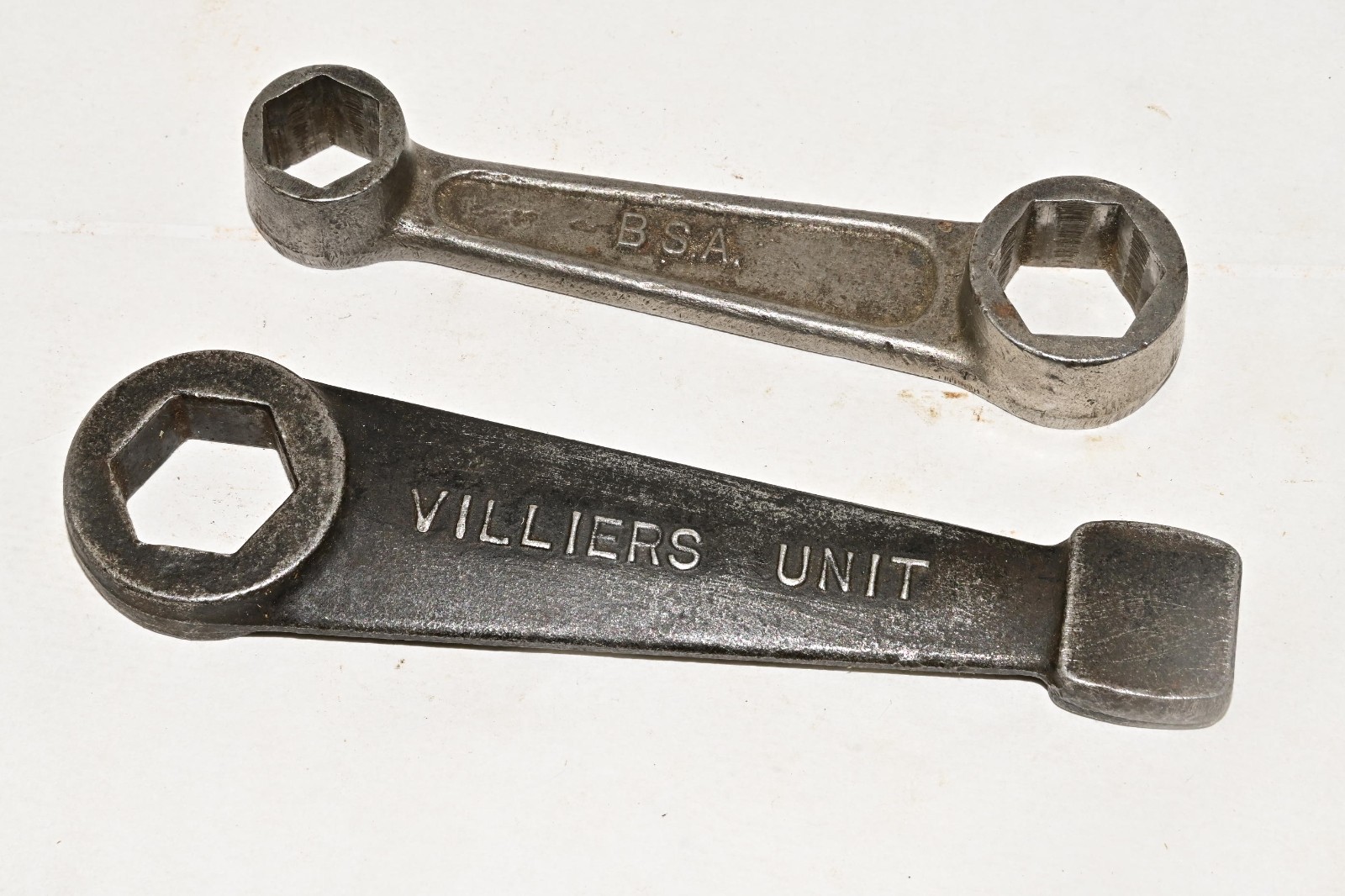 Two vintage motor cycle tools – BSA double-end ring spanner & Villiers Unit