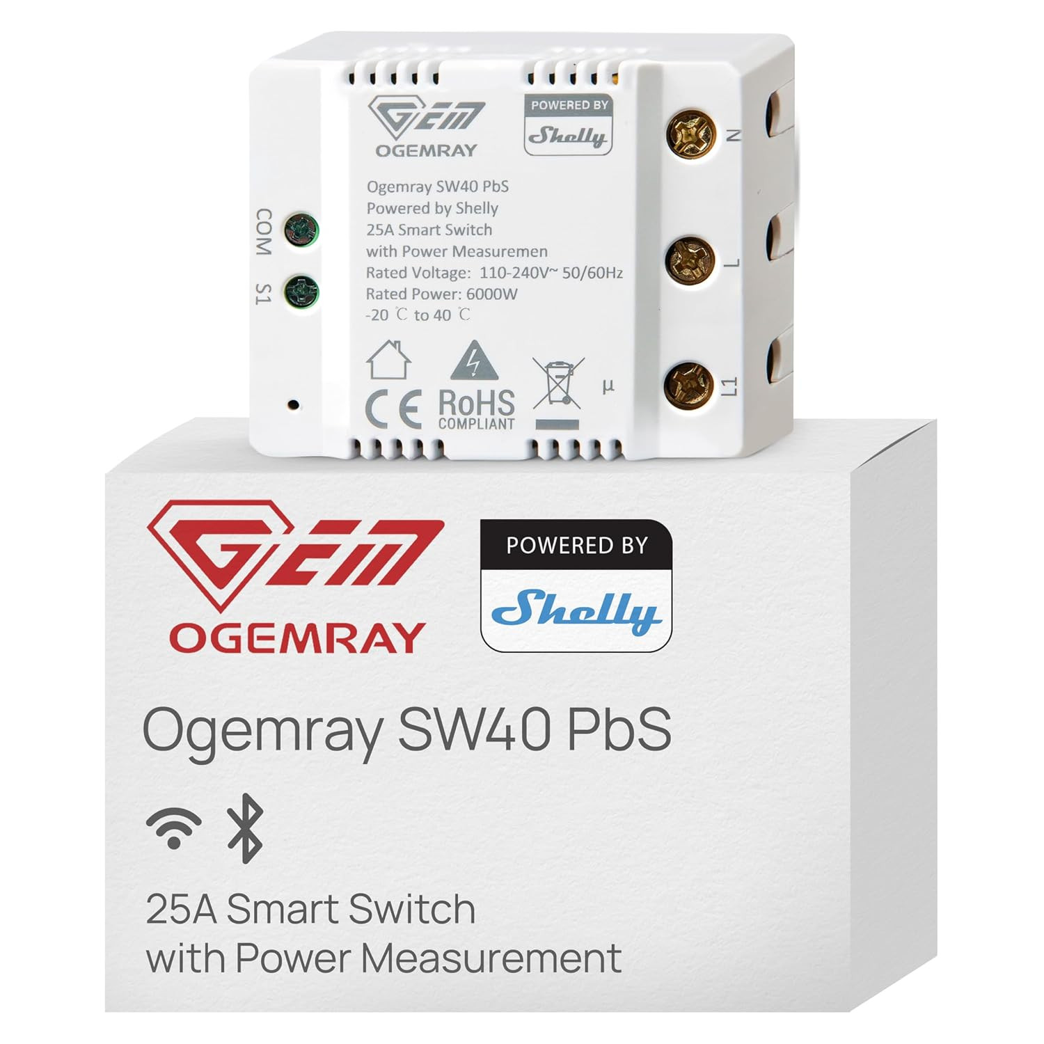 Ogemray Smart Relay Switch 25A with Power Metering, Control up to 6000W, Wi-Fi a
