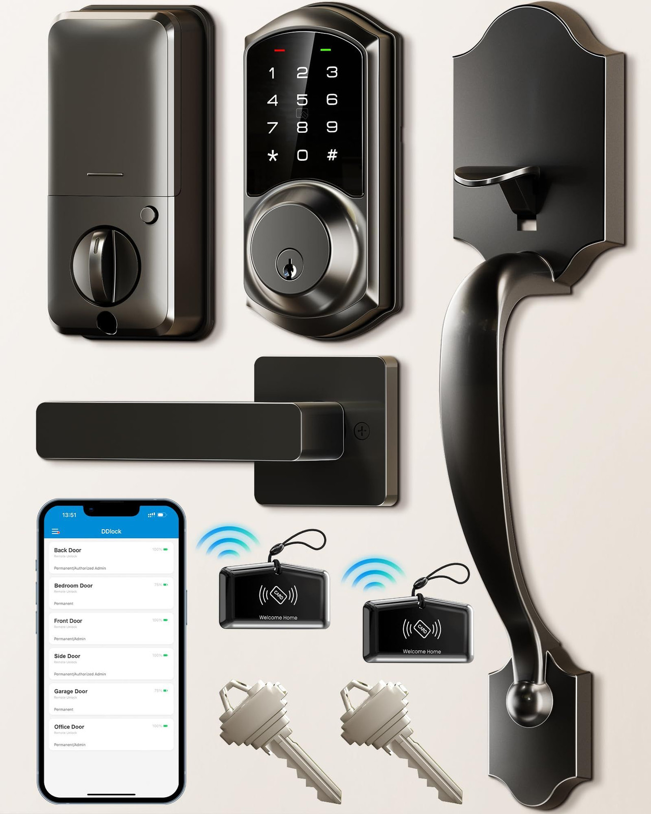 Veise VE06-H Smart Front Door Lock Set, App Control, Keyless ‎Matte Black
