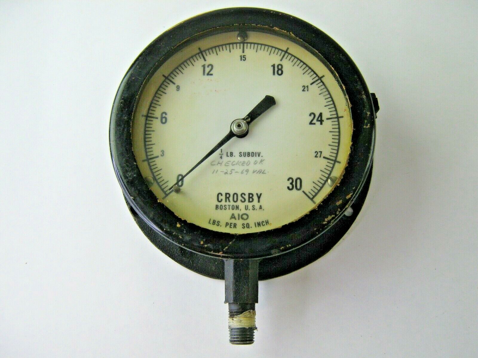 Vintage 5 1/8″ dia. Crosby Gauge & Valve Co. 30 psi Gauge 1/4 lb. SUBDIV.