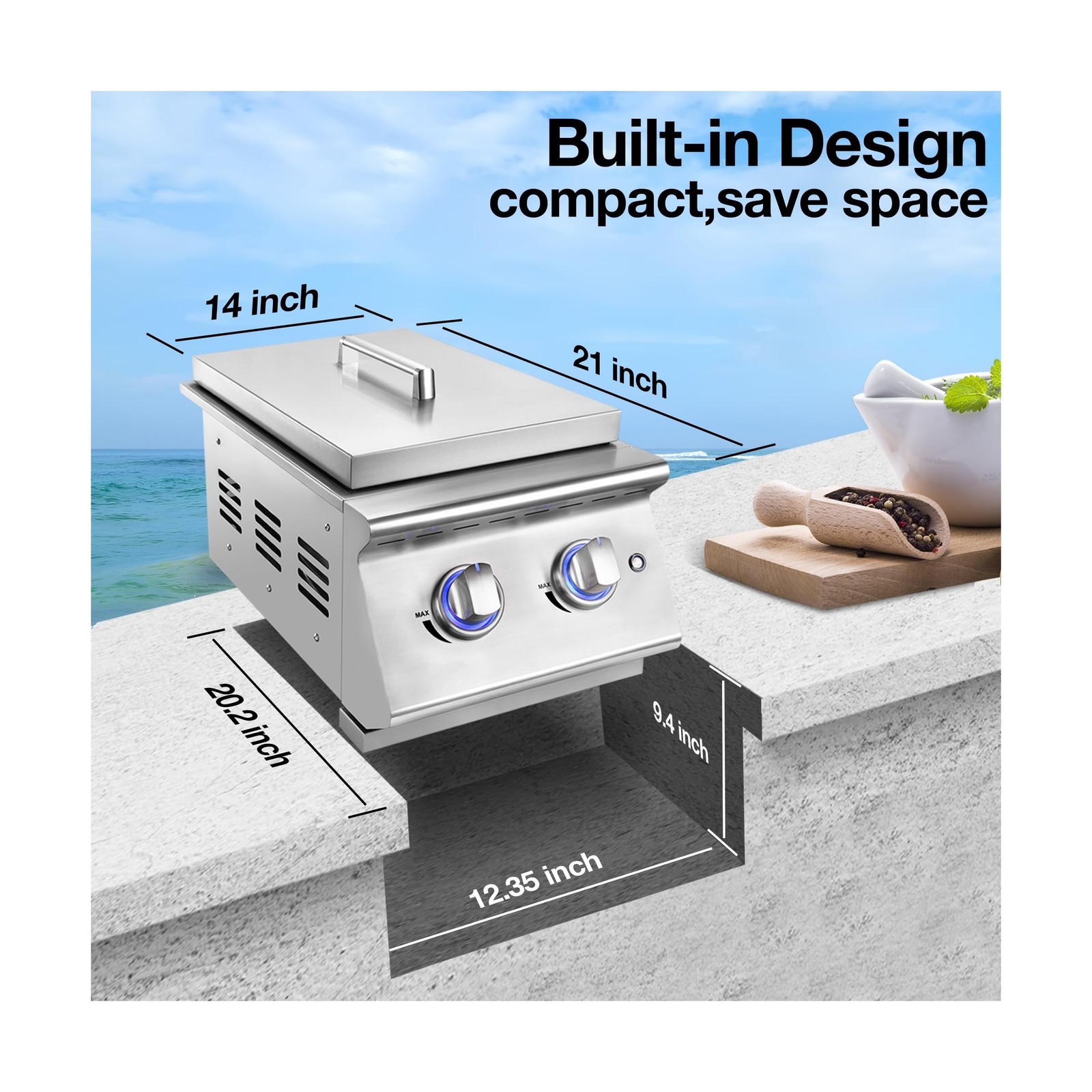 Double Grilling Side Burners for Outdoor Kitchen, 2 * 15,000BTU Natural Gas B…