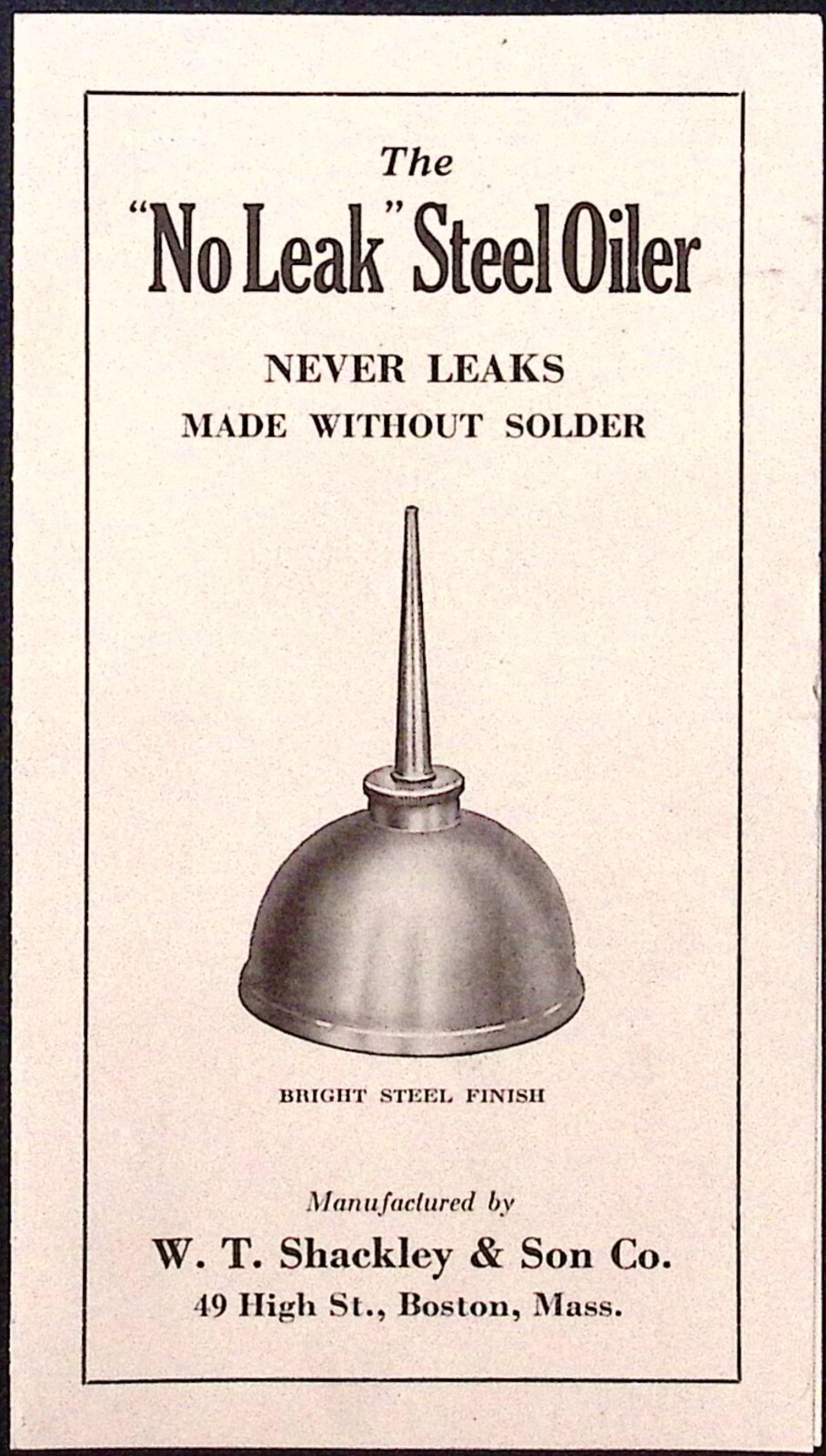 Vintage No Leak Steel Oiler W.T. Shackley & Son BOSTON Price List