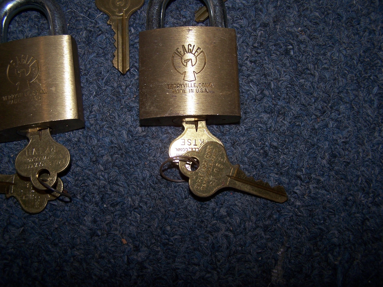 LOT of 5 Brass Eagle Padlocks not keyed alike but all with 2 keys Made in USA