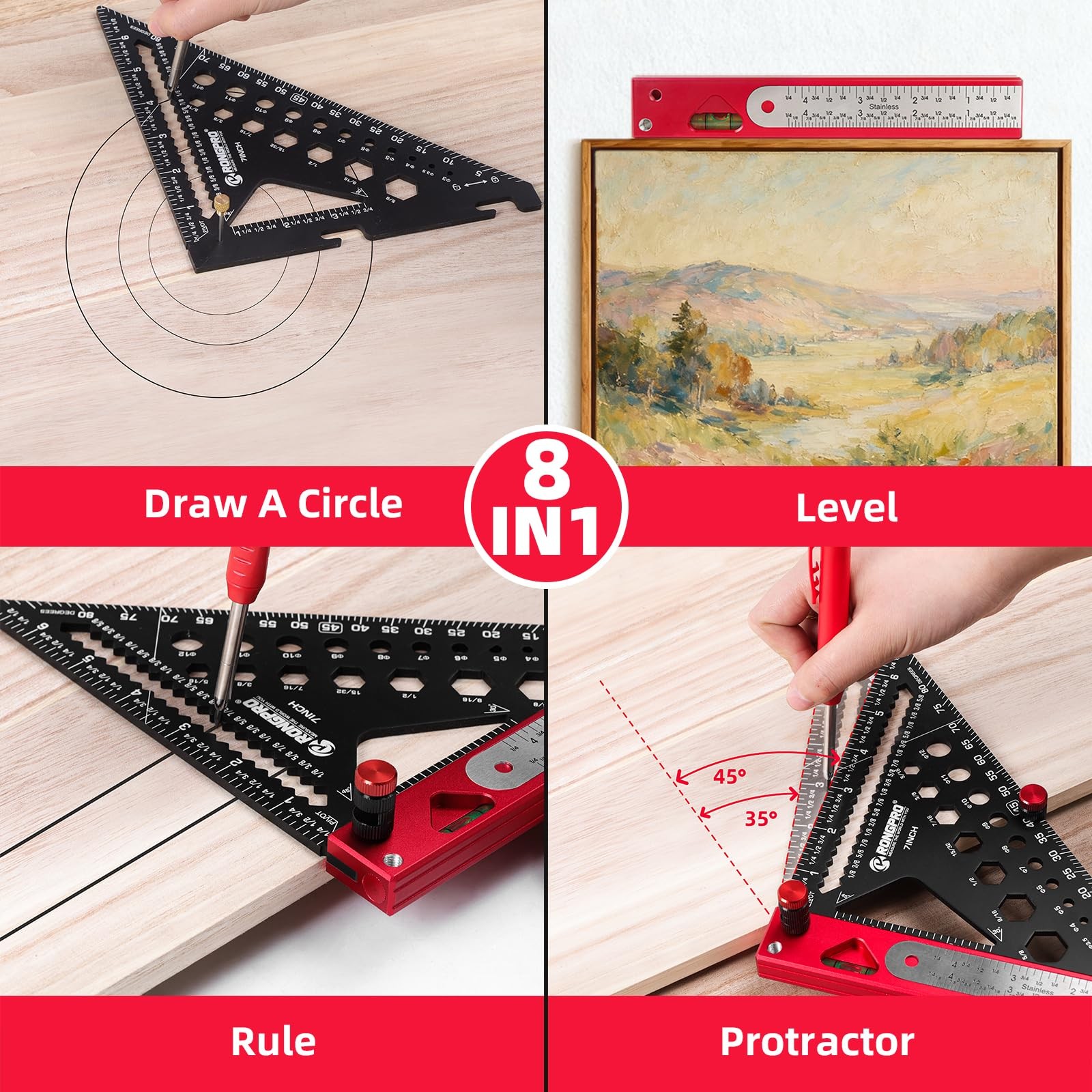 8 in 1 Rafter Square with Carpenter Pencil, 7inch pencil, Black