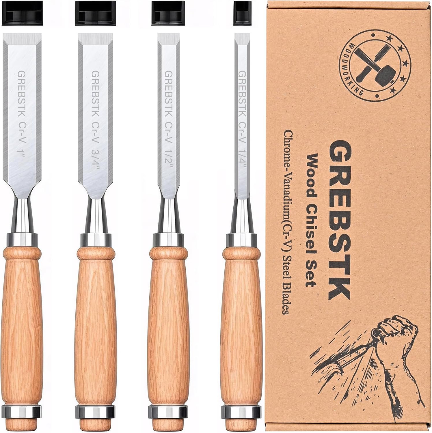 4 Pcs Wood Chisel Set, CRV Steel Bevel Sharp Edge Bench Chisels with Safety Caps