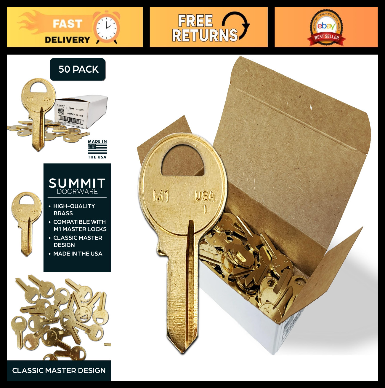 Premium Brass M1 Master Key Blanks | Uncut Keys for Home & Professional Use | 50
