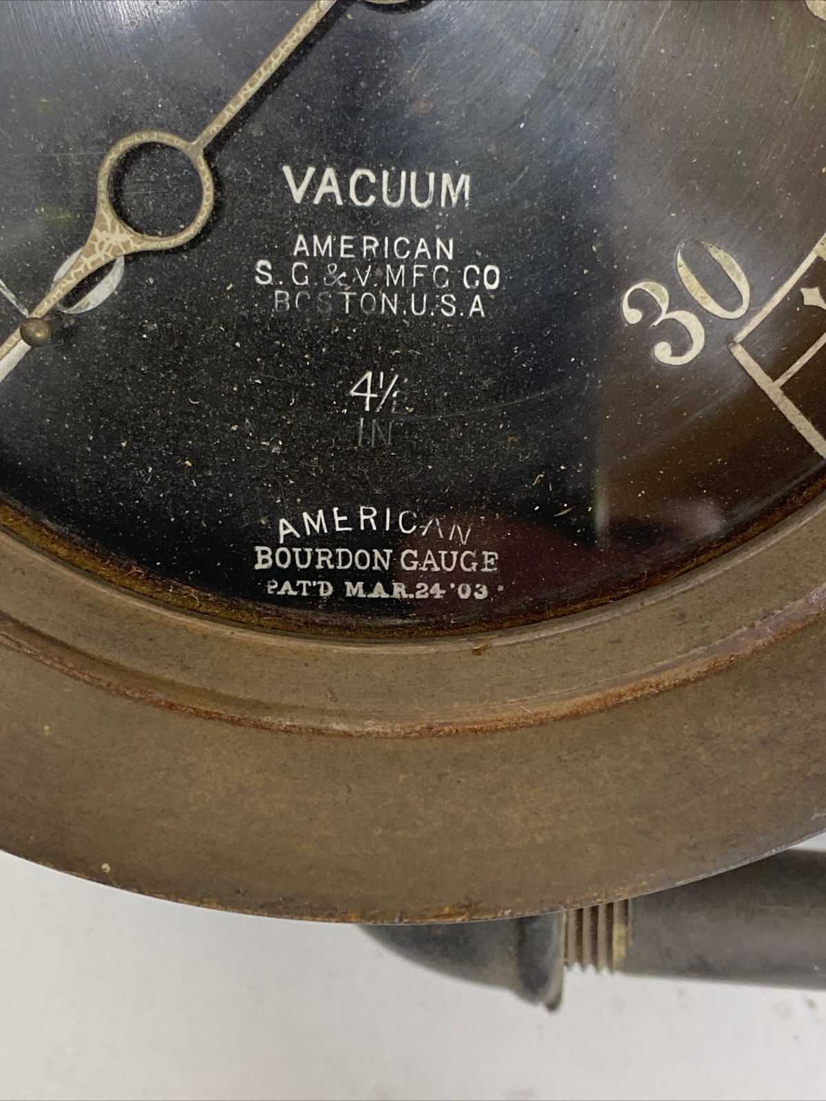 ANTIQUE BRASS AMERICAN STEAM GAUGE Co. #4-1/2” BOURDON’S VACUUM GAUGE Pat.1903