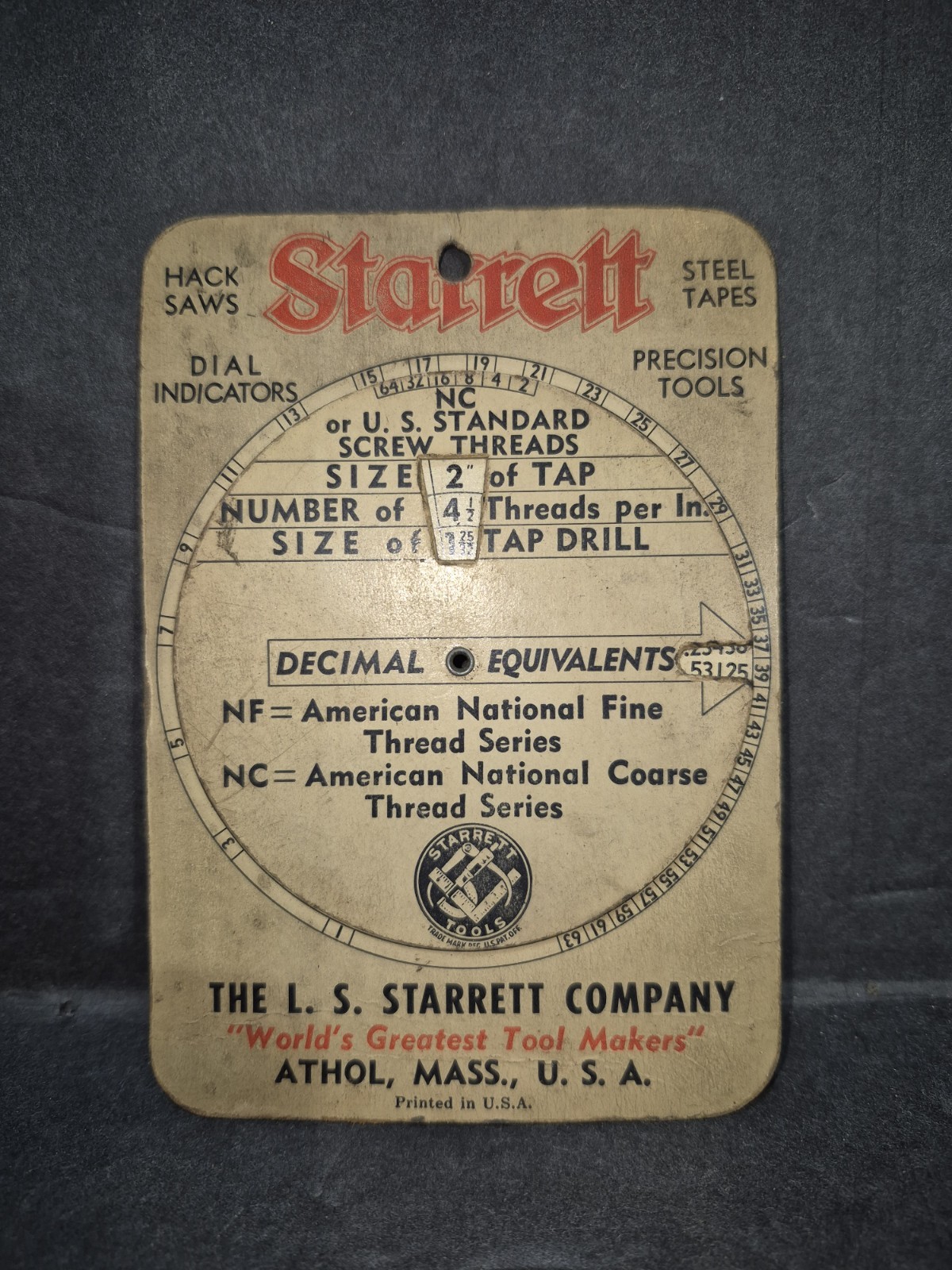 L. S. STARRET Tool Vintage Advertising Cardboard Decimal Equivalents Athol, Mass