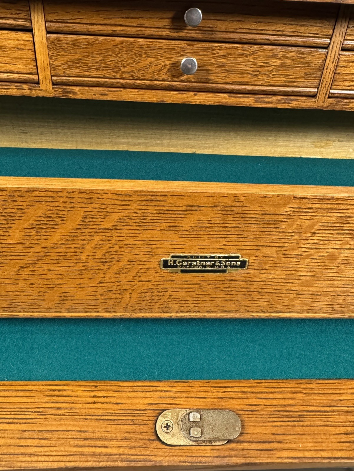 Vintage H. Gerstner Sons Oak Riser Base Machinist Chest Storage Tool Box w/ Key