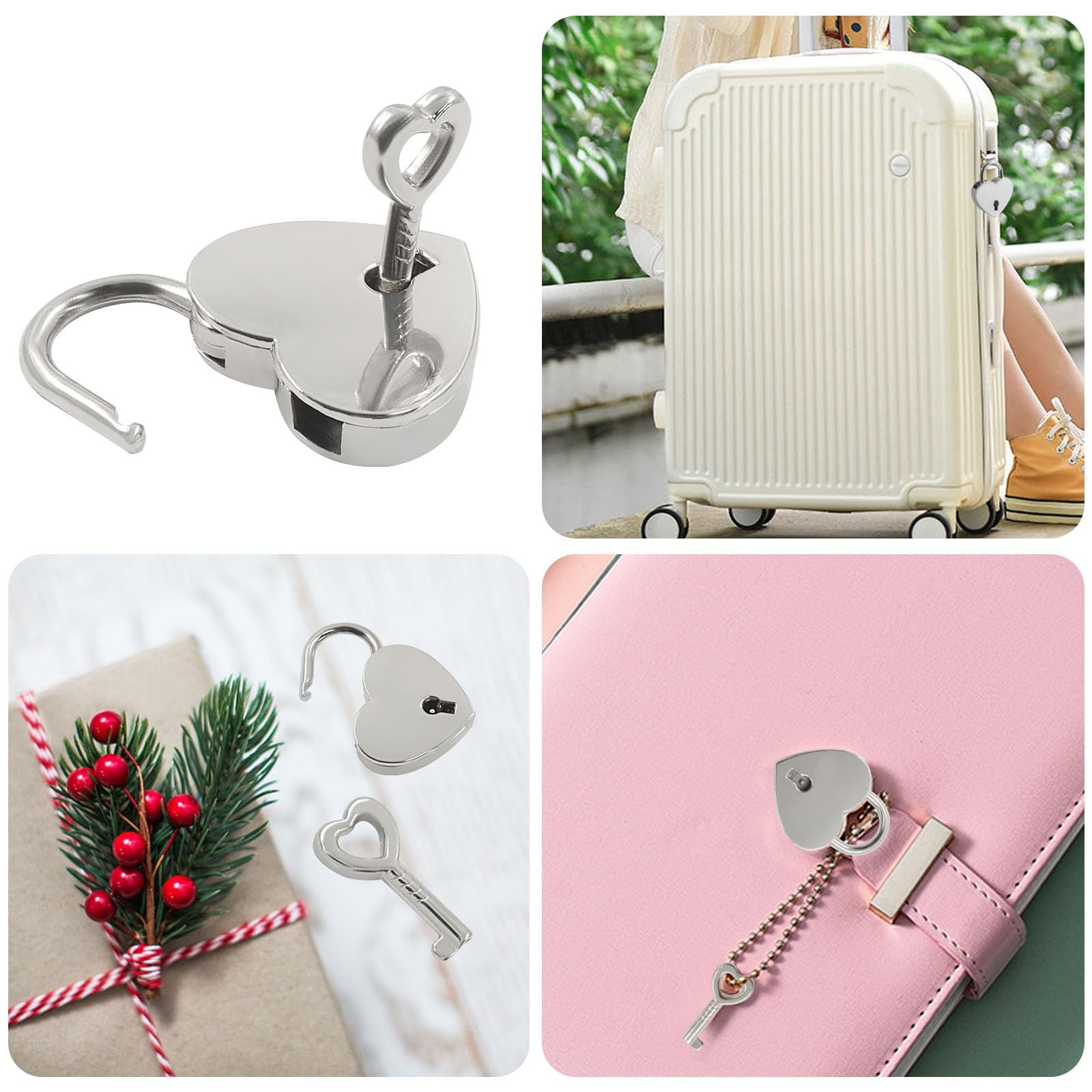 Mini Heart Shaped Padlock with Key, Silver, 2 Sets