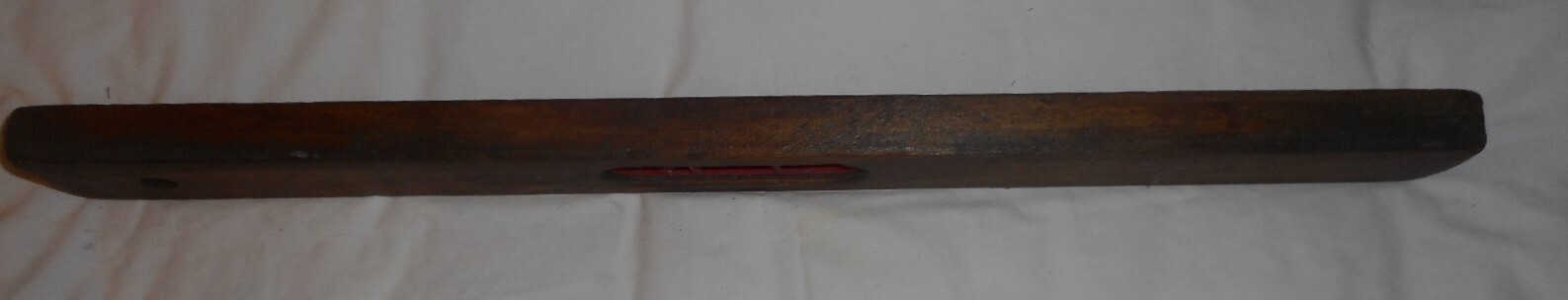 vintage wooden level 24″ long x 2 1/2″ x 1″ red plastic insert 90° & 45° angles