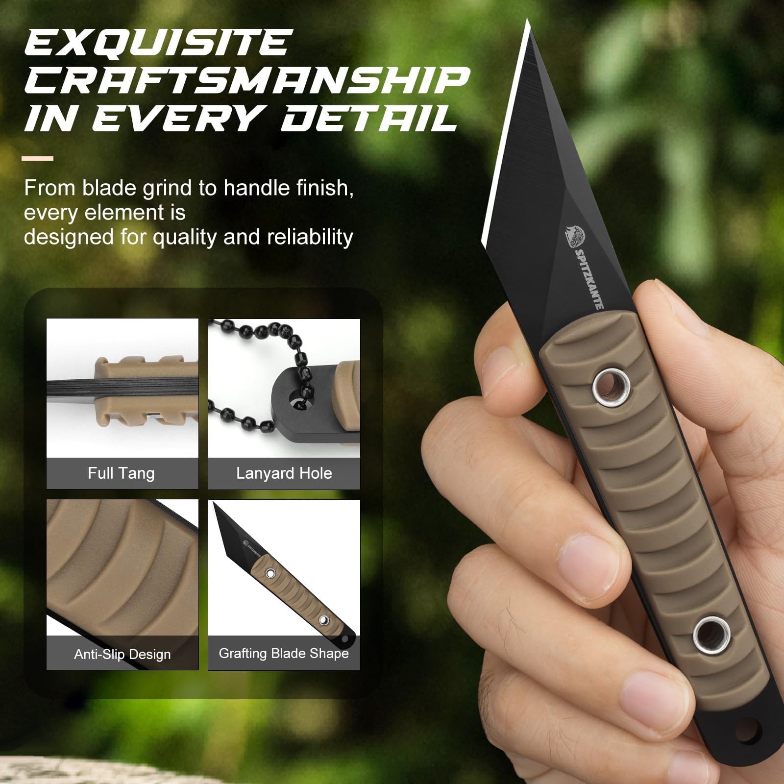 5.79″ Mini Neck Knife, Kiridashi Style Full Tang Fixed Blade EDC Knife with Khak