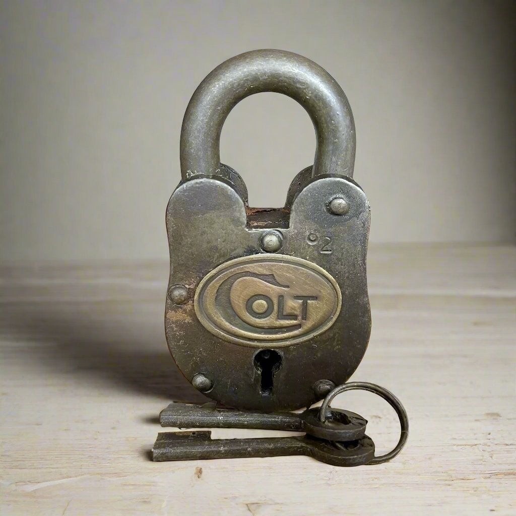 Colt Gun Cabinet Cast Iron Lock and Keys With Antique Finish (4″ x 2″)